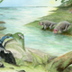 Artist’s depiction of Antarctanax shackleton (left). Across the stream, a large archosaur stalks a pair of unsuspecting dicynodonts.